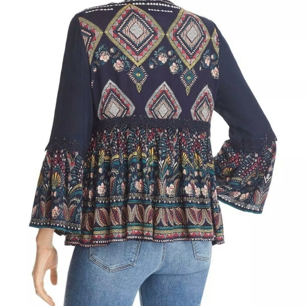 Aqua Embroidered Printed Top jacket Shacket Boho chic Hippie Tassel - Picture 4 of 15